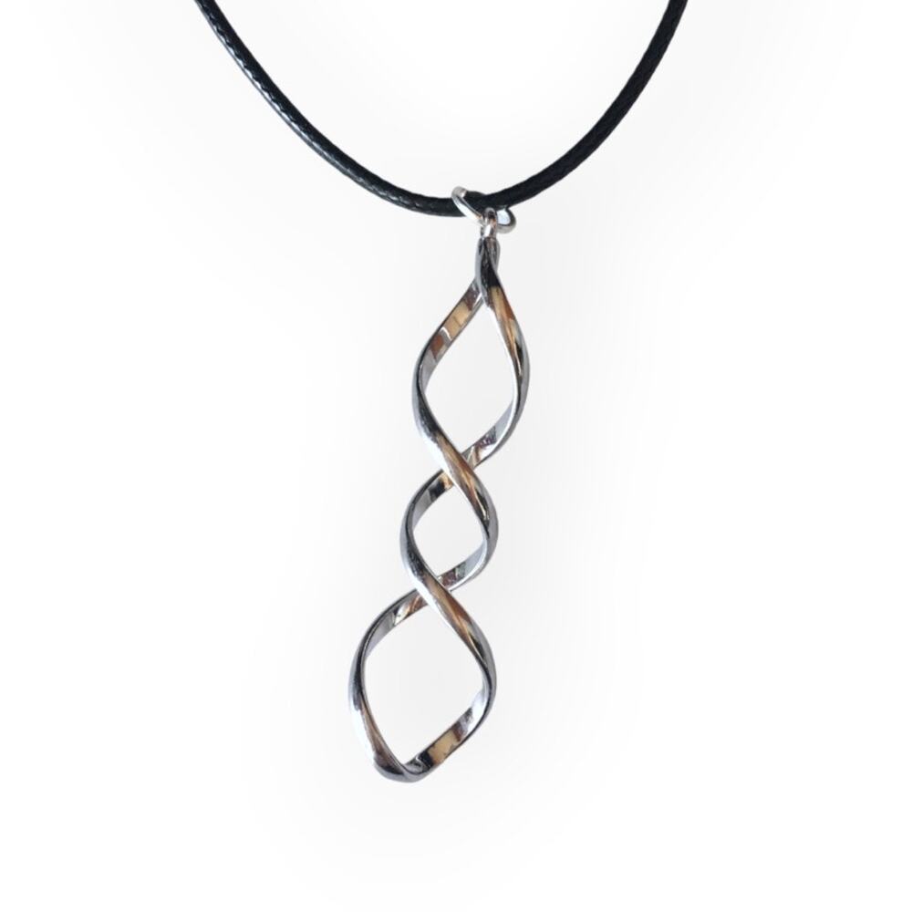 Bright silver tone double helix pendant necklace